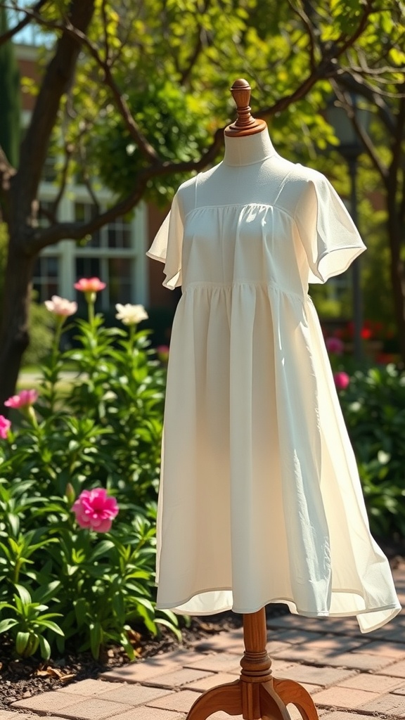 A breathable cotton dress displayed on a mannequin in a garden setting.