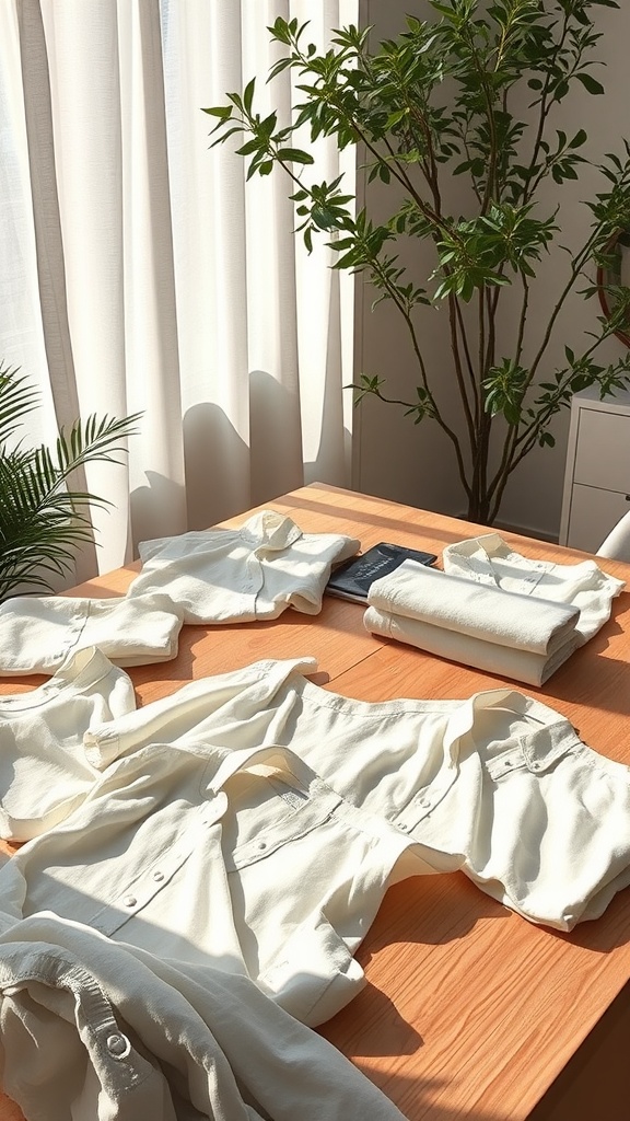 A selection of lightweight linen tops laid out on a table with natural greenery in the background.