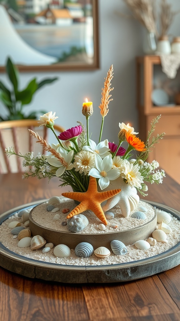 A beach-themed table centerpiece featuring flowers, a starfish, and seashells.