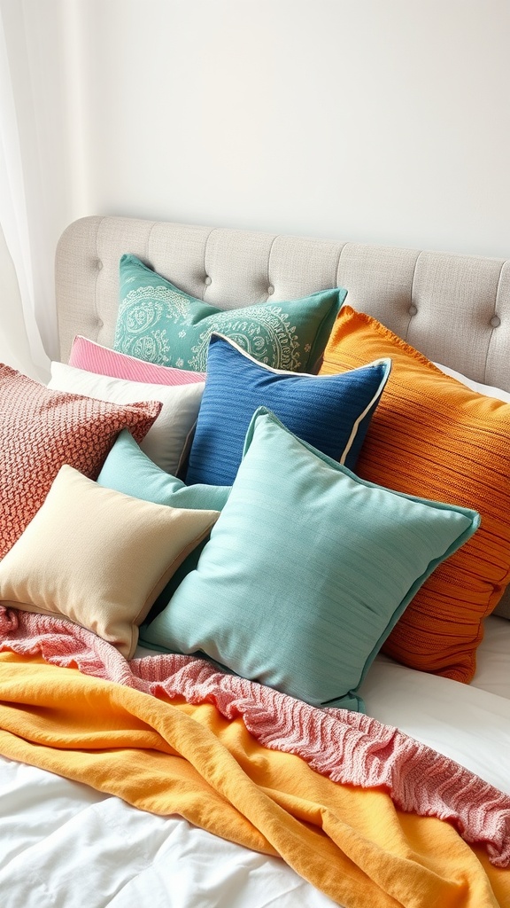 A variety of colorful throw pillows on a bed, showcasing bright and cheerful designs.