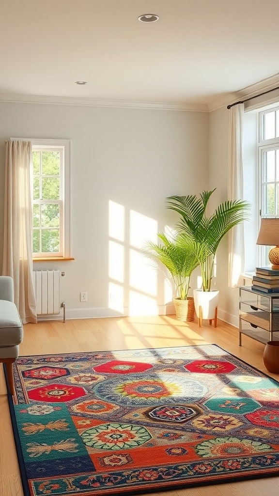 A colorful area rug in a bright living room with natural light and plants.