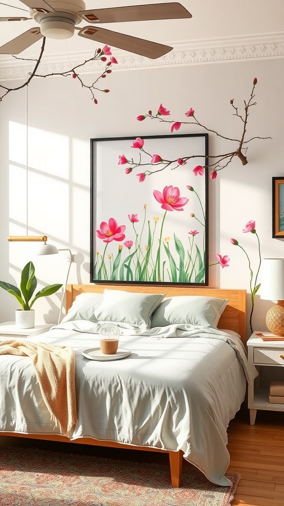 A bright and airy bedroom featuring floral artwork, a cozy bed, and spring-inspired decor.