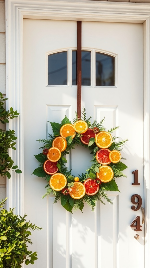 A vibrant wreath made of orange and grapefruit slices, adorned with green leaves, hanging on a white door.