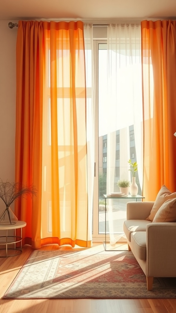 Brightly colored orange curtains hanging in a sunny living room