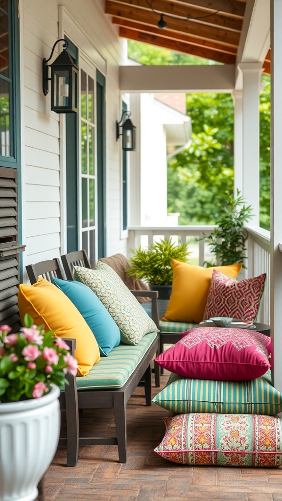 A front porch with brightly colored cushions including yellow, blue, and pink, arranged on a wooden bench and floor.