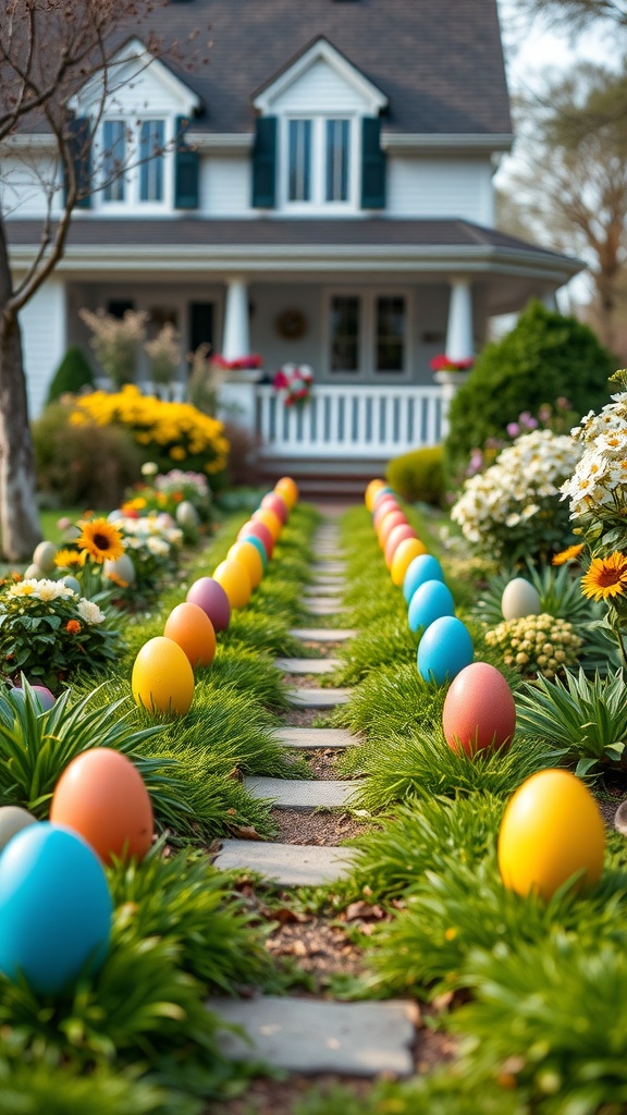 A pathway lined with colorful Easter egg decorations leading to a house.