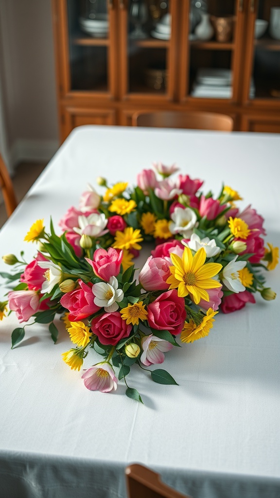 A colorful spring garland centerpiece featuring pink roses, yellow daisies, and white flowers on a dining table.