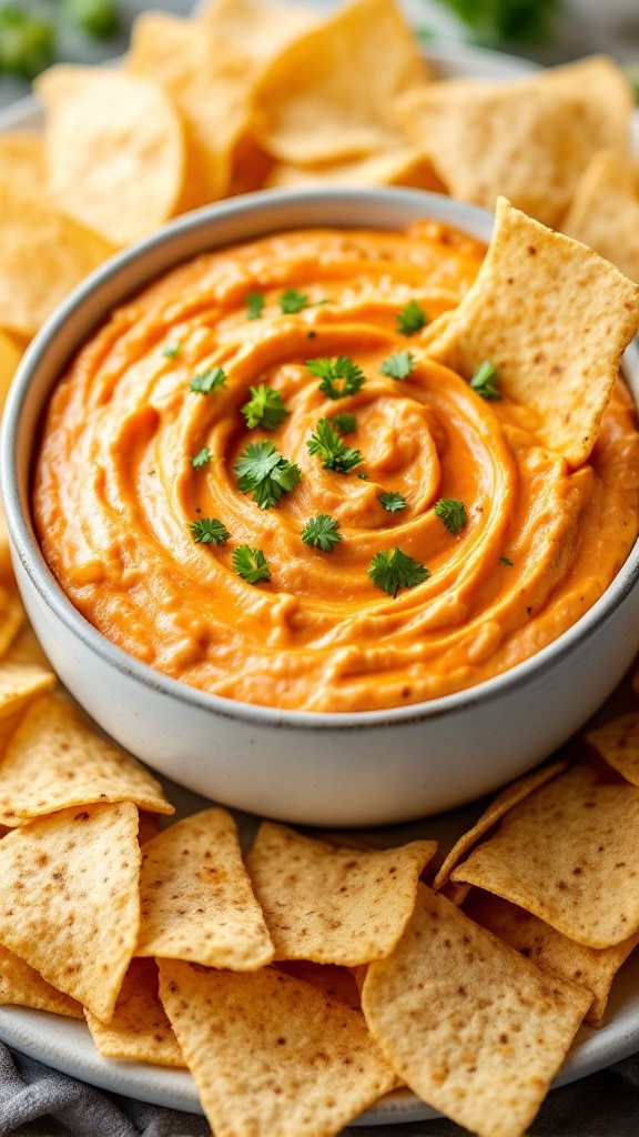 Buffalo chicken dip in a bowl with tortilla chips surrounding it