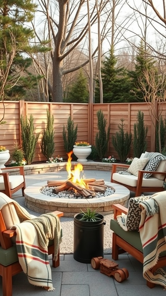 Cozy fire pit area with wooden chairs, blankets, and a fire burning surrounded by greenery.