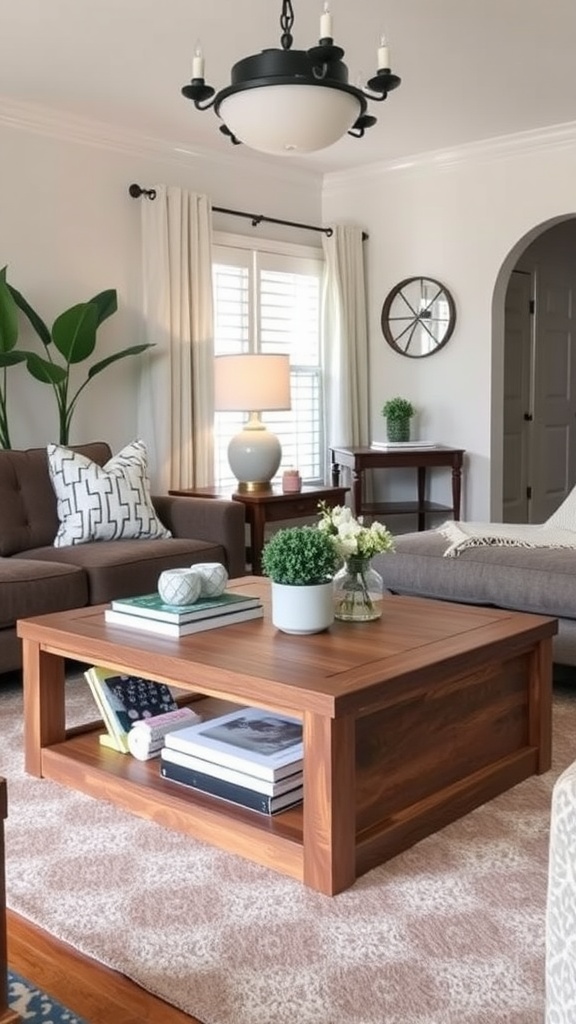 A stylish DIY coffee table with storage, surrounded by a cozy living room setting.