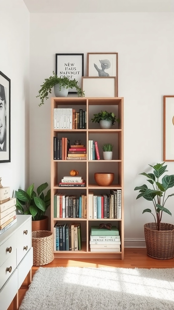 A stylish wooden shelving unit filled with books and plants, creating a cozy home aesthetic.