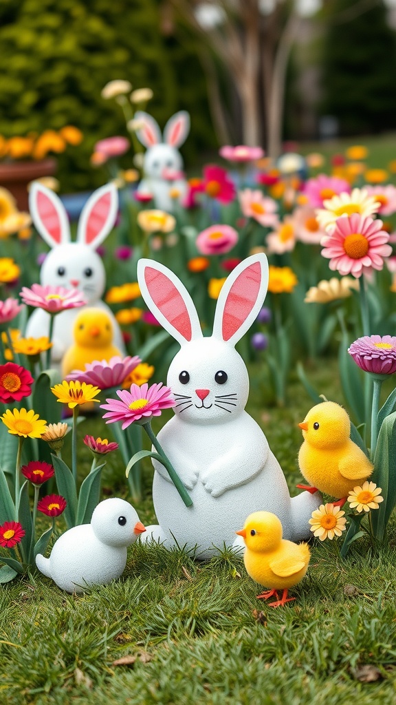 Colorful bunny and chick yard art surrounded by flowers