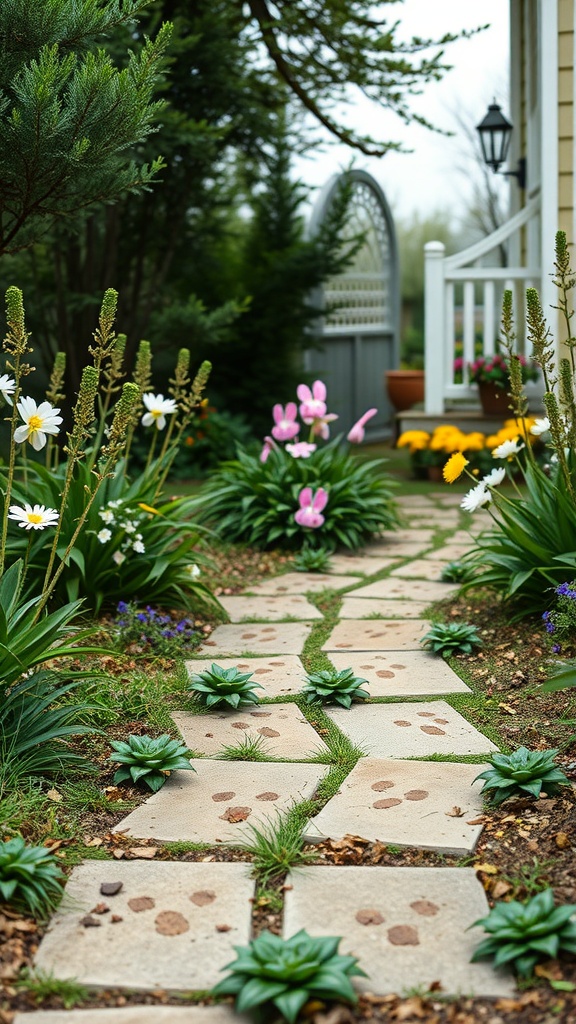 A charming path with bunny footprints, leading through flowers and greenery.