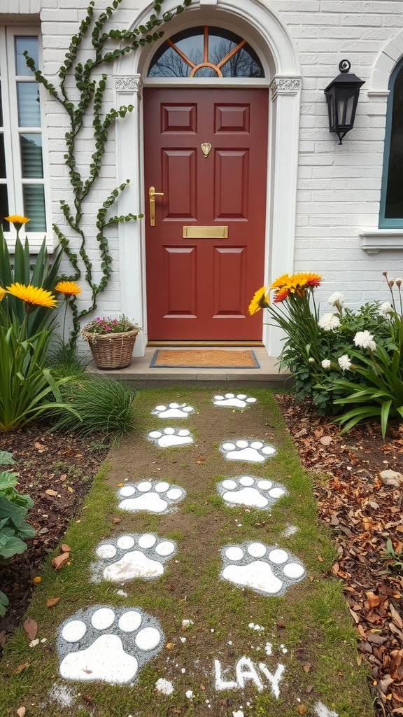 Footprints on the ground leading to a red door with flowers on the side