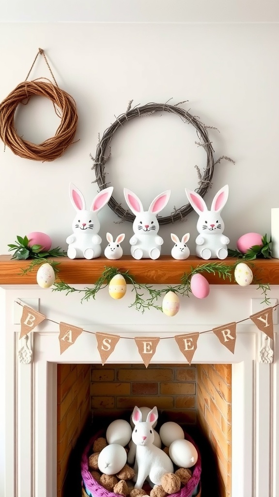 A festive bunny garland displayed above a cozy fireplace with cute bunny figurines and decorative eggs.