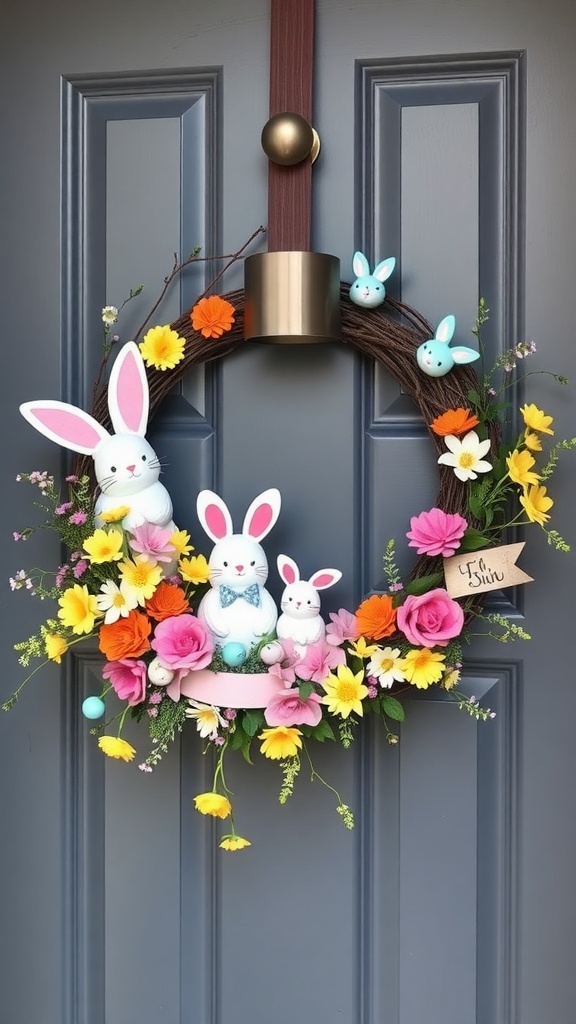 A bunny-themed wreath featuring bunnies and colorful flowers on a front door.