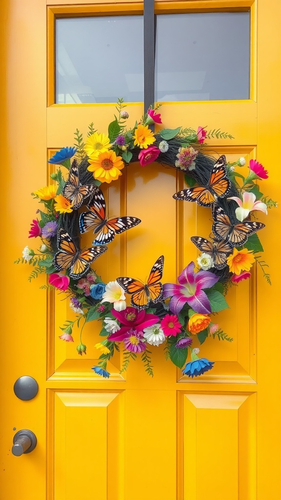 A colorful wreath with butterflies and flowers on a yellow door