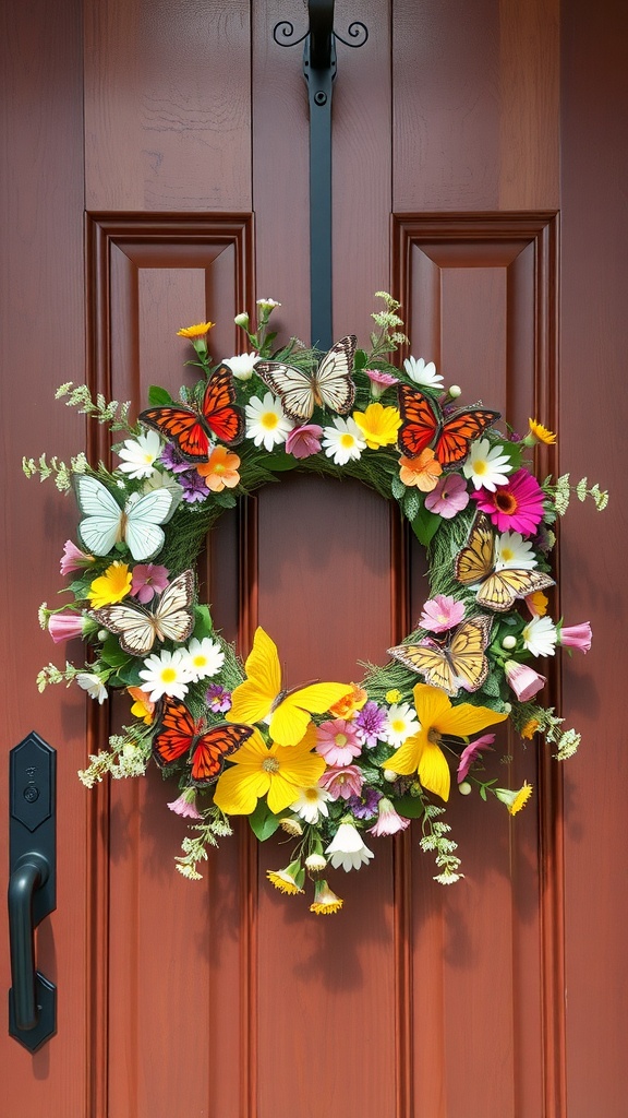 A colorful butterfly garden wreath with various flowers and butterflies hanging on a brown door.