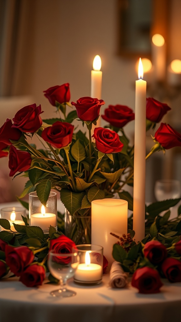 A beautifully arranged table centerpiece featuring red roses and candles.