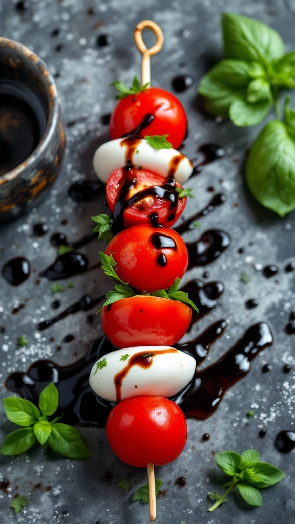 Caprese skewers with fresh mozzarella and cherry tomatoes drizzled with balsamic glaze.