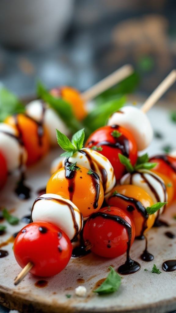 Caprese skewers with cherry tomatoes, mozzarella, and basil drizzled with balsamic reduction.