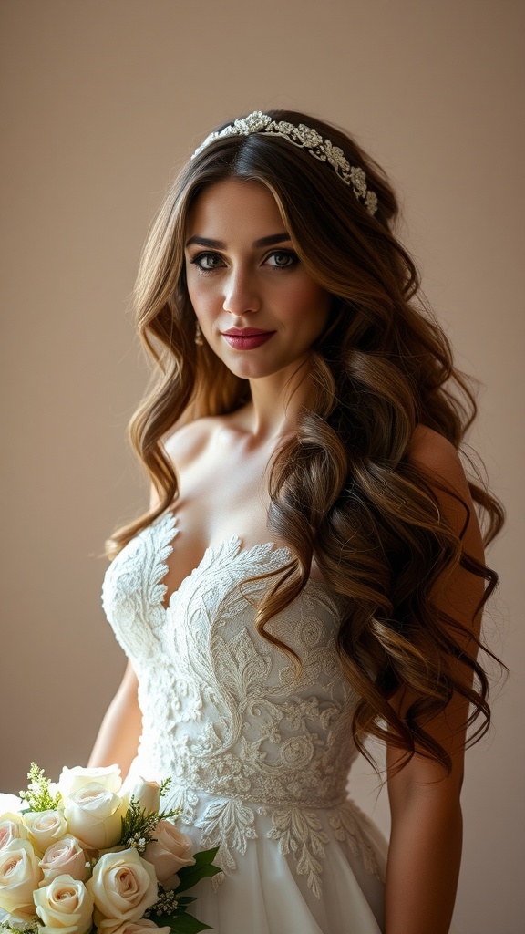 A bride with cascading loose curls holding a bouquet of roses.