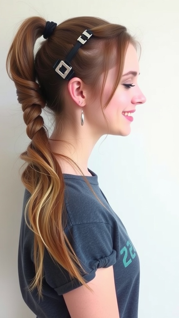 A young woman with a casual side ponytail, smiling softly against a light background.