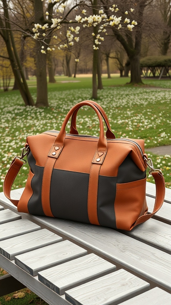 A casual weekender bag in earthy tones placed on a wooden table with a grassy background.