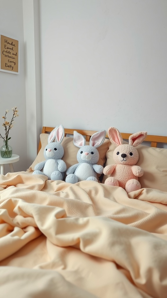 Three colorful bunny plushies sitting on a bed with a soft blanket.