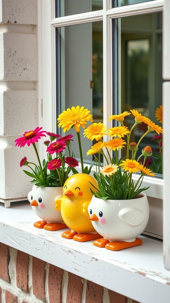 Charming chick planters with colorful flowers on a windowsill.