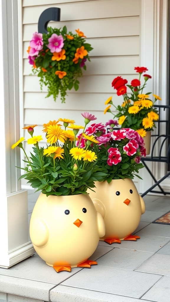 Two cute chick-shaped planters filled with colorful flowers.