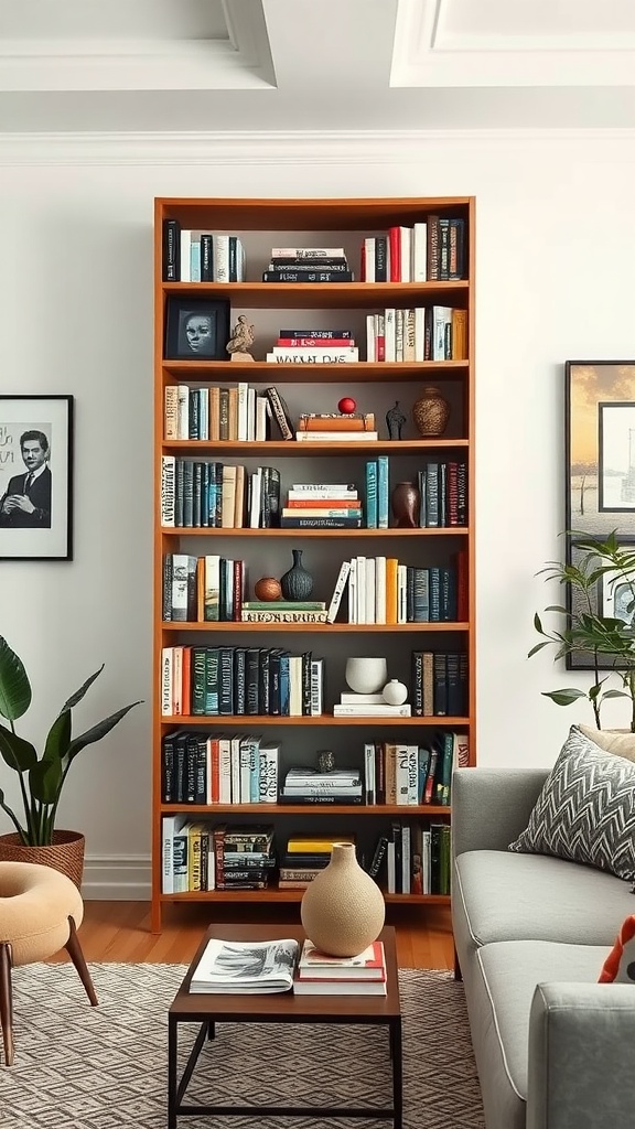 A stylish DIY bookshelf filled with books and decorative items in a cozy living room