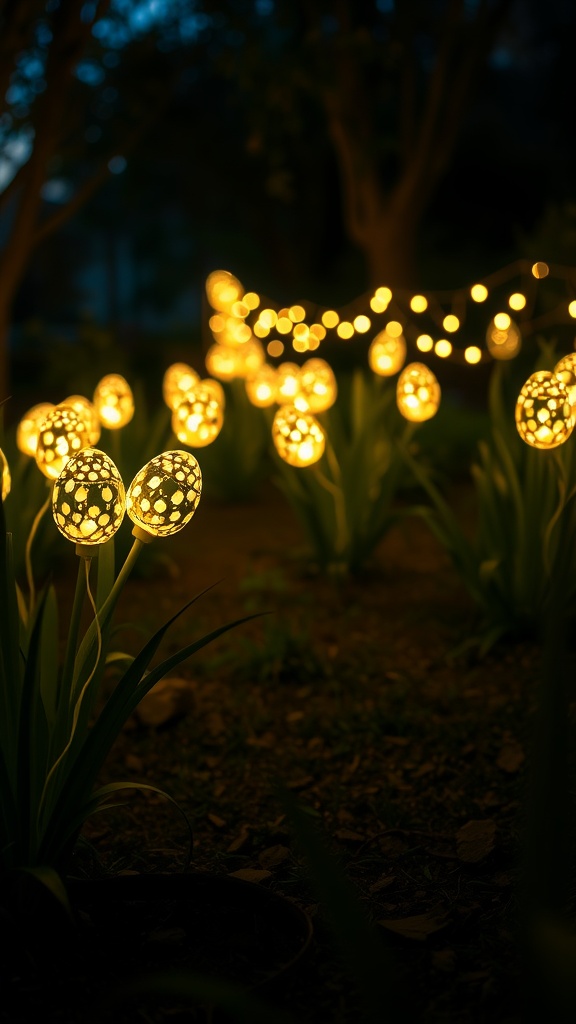 A garden lit with charming egg-shaped fairy lights in the evening.