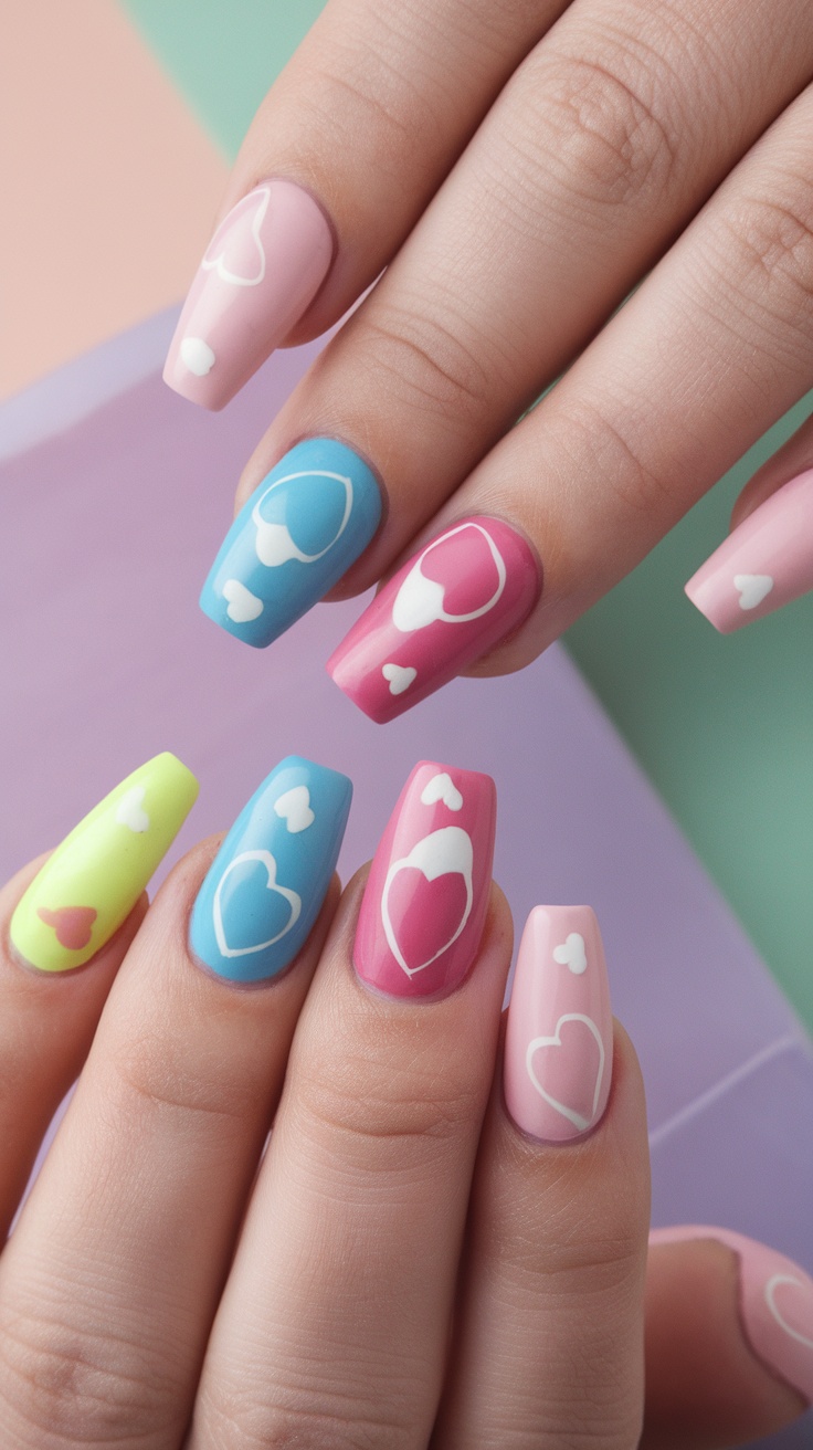 Close-up of nails featuring colorful heart designs for February