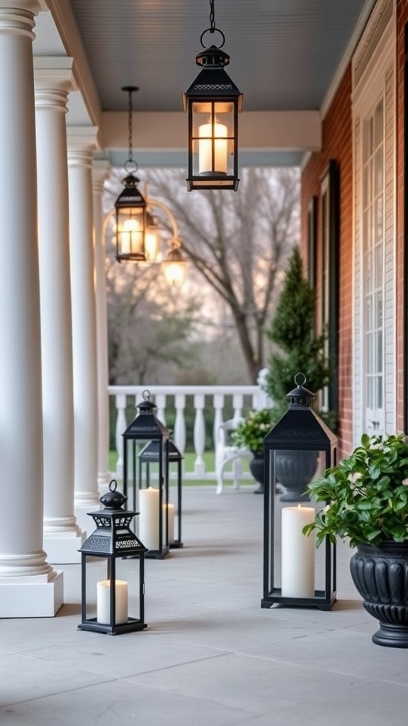 A beautifully decorated front porch with black lanterns, candles, and greenery