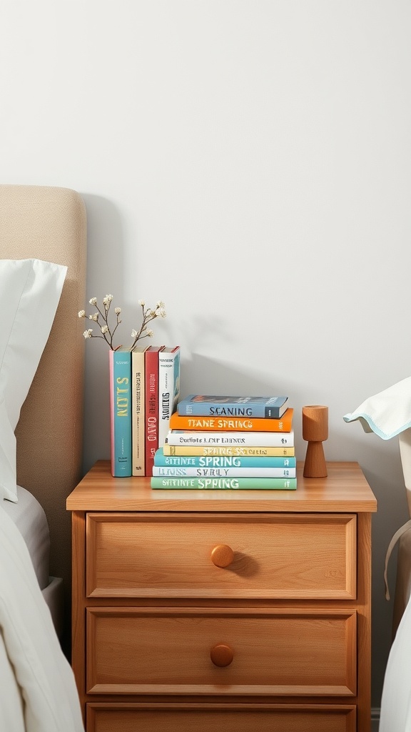 A wooden nightstand with stacked colorful books and a small vase of flowers, styled for a spring bedroom aesthetic.