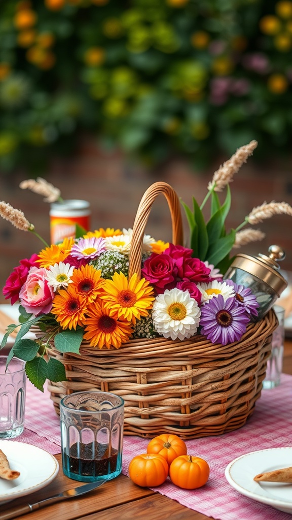 A picnic basket filled with colorful flowers, placed on a dining table with small tangerines and glasses.