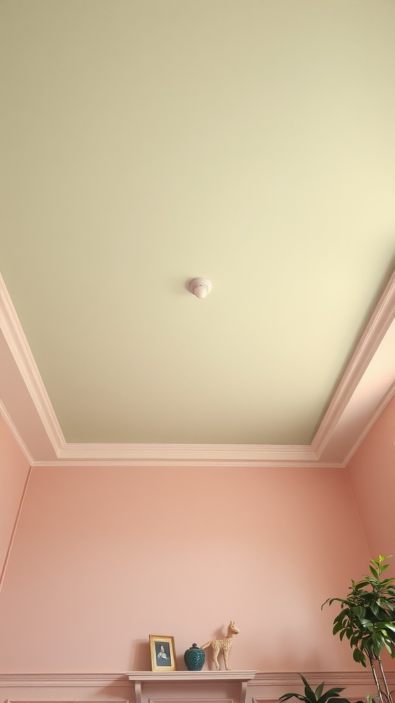 A ceiling painted in sage green above pale pink walls in a cozy bedroom.