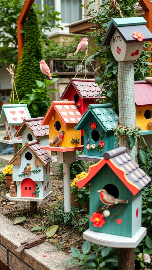 Colorful birdhouses in a garden setting with birds and flowers.