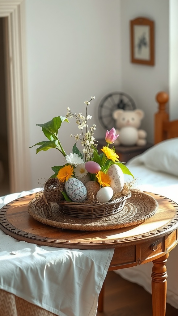 A cozy table centerpiece featuring a basket with colorful Easter eggs and fresh flowers.