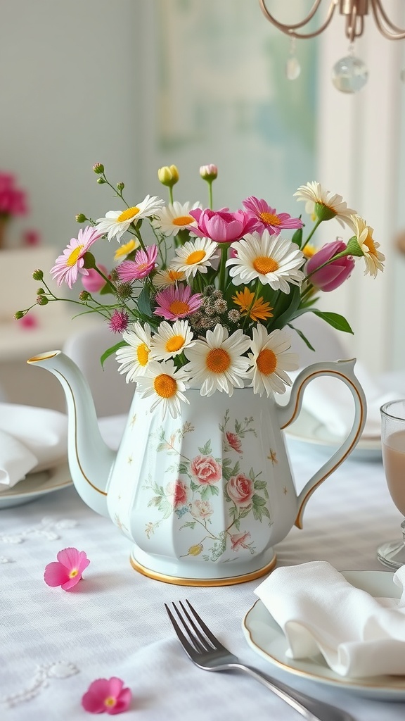 A charming teapot centerpiece filled with colorful flowers on a dining table