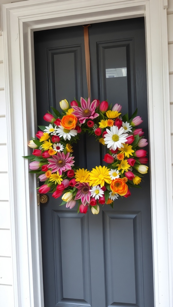 A colorful handmade wreath featuring tulips and daisies hanging on a dark front door.