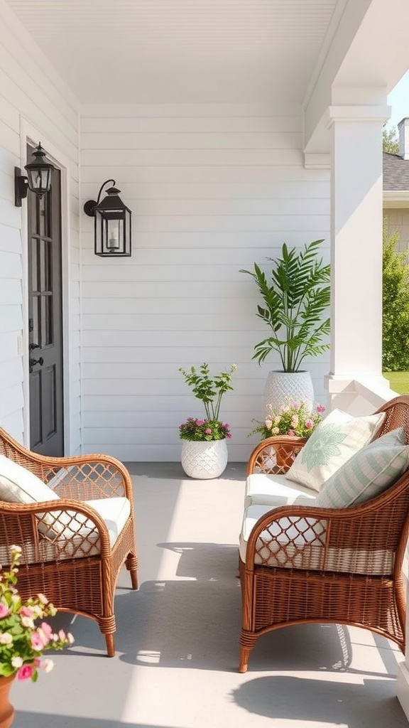 A front porch with charming wicker furniture, featuring two wicker chairs and potted plants.