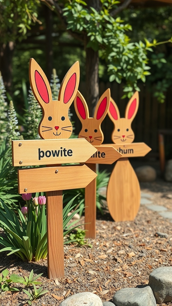 Charming wooden bunny signs with playful designs in a garden setting.