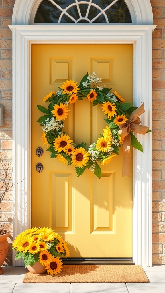 A cheerful sunflower wreath hangs on a bright yellow door, with a matching pot of sunflowers beside it.