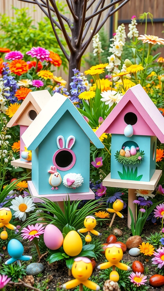 Colorful birdhouses decorated for Easter surrounded by flowers and Easter eggs.