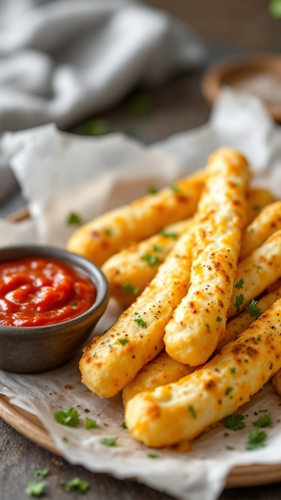 Cheesy garlic breadsticks served with marinara sauce