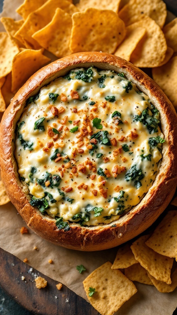 A bowl of cheesy spinach and artichoke dip surrounded by tortilla chips.