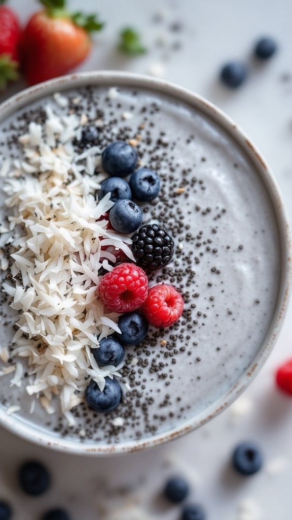 Chia seed pudding with coconut milk topped with fresh berries and shredded coconut.