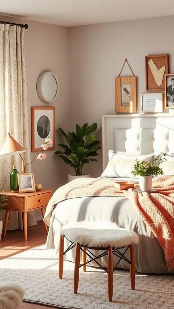 A bright and cozy spring bedroom with chic accent furniture and soft decor.